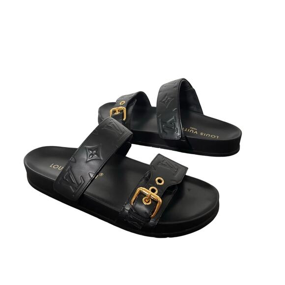 Louis Vuitton Bom Dia Flat Slide Sandal Mules Black LV Monogram Buckle Size 38.5 - Picture 1 of 12